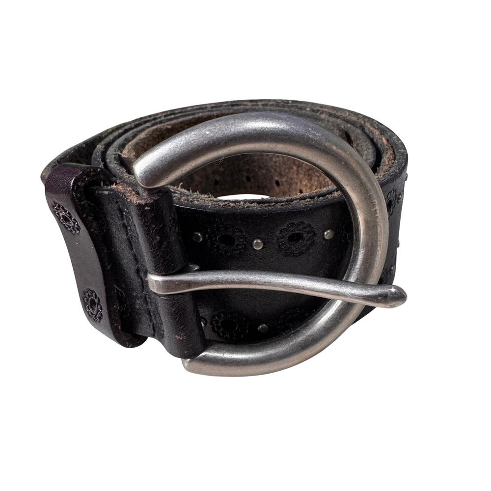 Fossil Black Leather Studded Floral Eyelet Belt BT2817001 Wide Western Large
